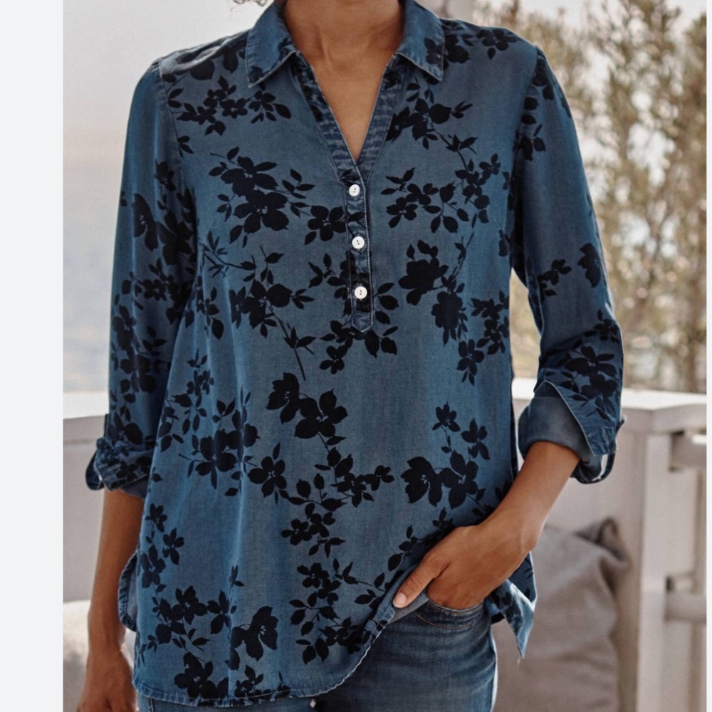 J Jill Women 2X Split Neck Tab Sleeve Popover Chambray Floral Blue Blouse Tencel